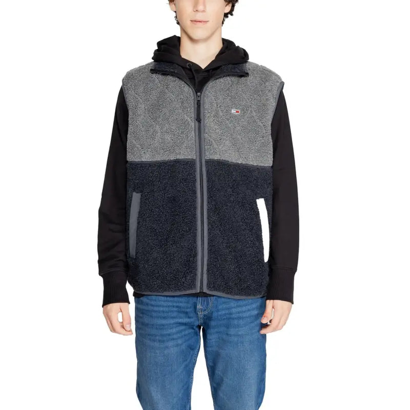 Charcoal and navy blue champion fleece jacket with hood.