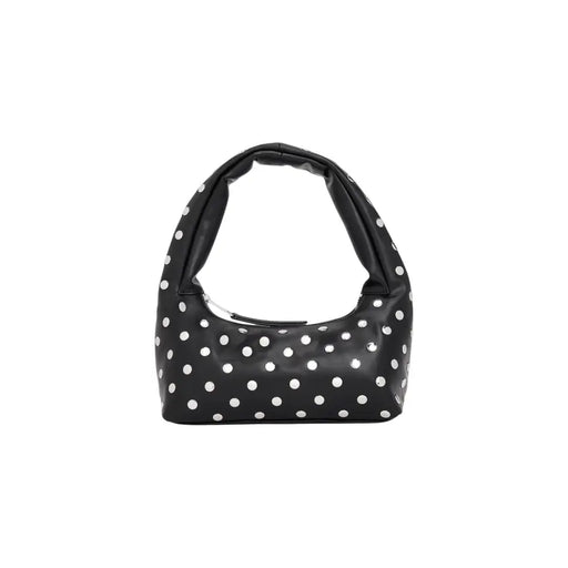 Tommy Hilfiger black polyurethane hobo bag with white polka dots and zip pocket in a soft structured silhouette