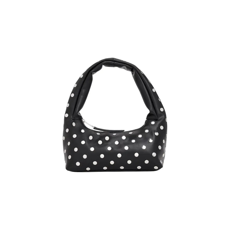 Tommy Hilfiger black polyurethane hobo bag with white polka dots and zip pocket in a soft structured silhouette
