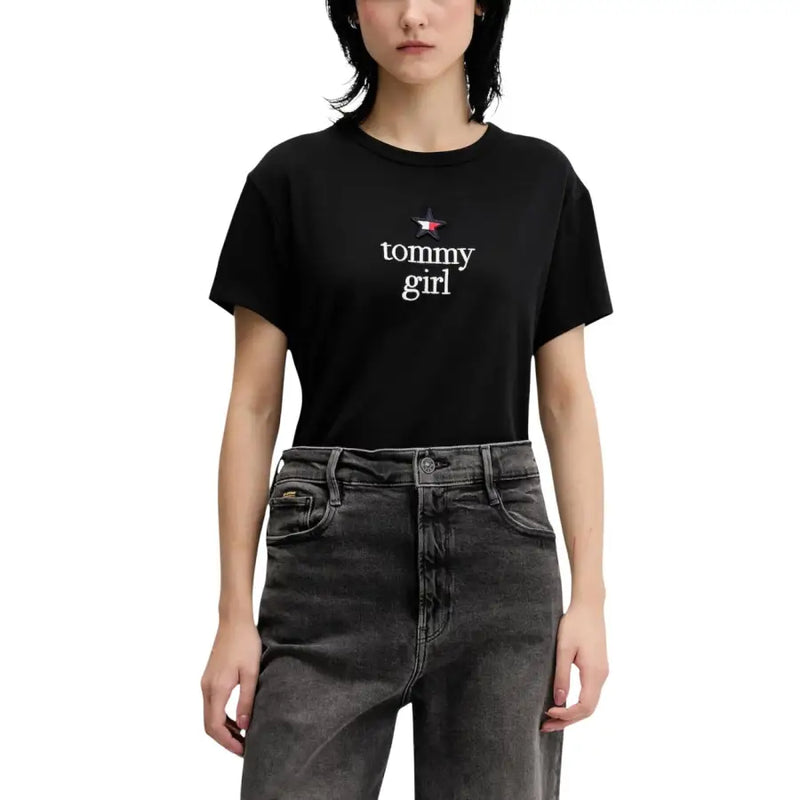Tommy Hilfiger black printed organic cotton women’s t-shirt with white tommy girl text and red white blue star logo
