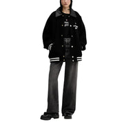 Tommy hilfiger black varsity jacket with contrasting leather collar and white striped cuffs for casual wear