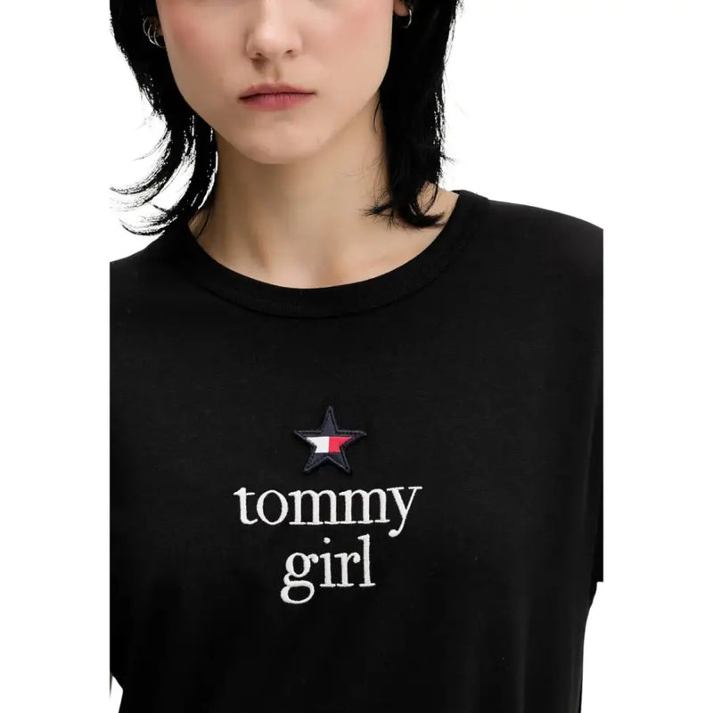 Tommy Hilfiger black organic cotton women’s t-shirt with star patch and white embroidered text on the front