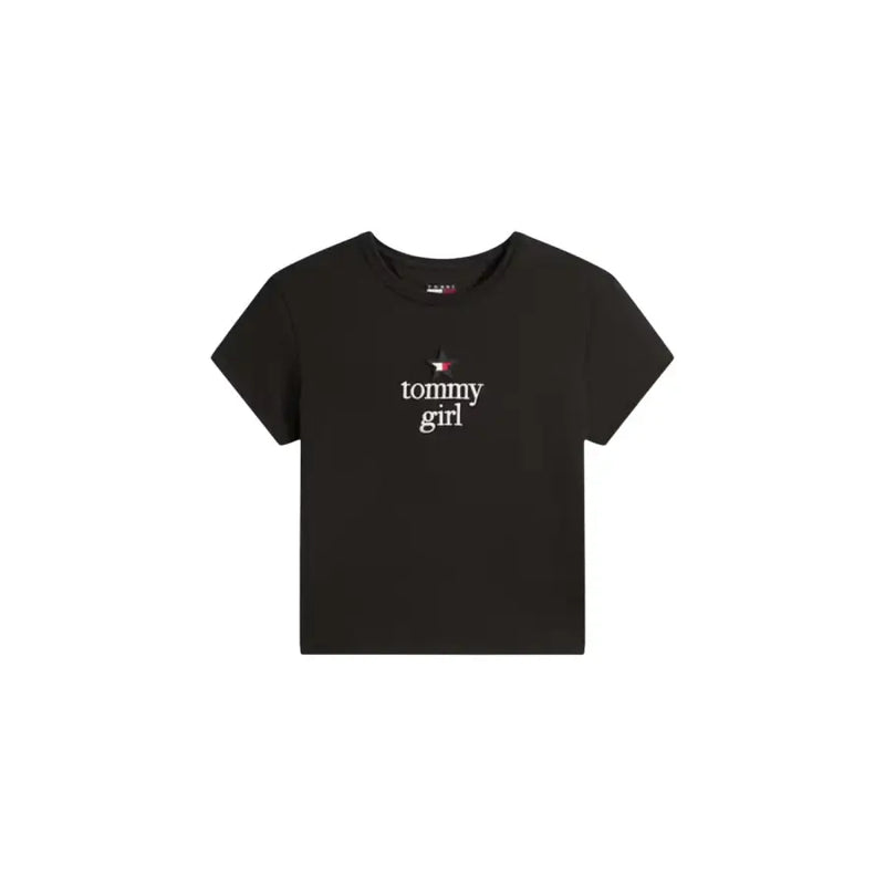 Tommy Hilfiger black printed organic cotton women’s t-shirt with short sleeves and white tommy girl logo and star emblem