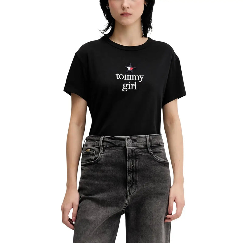 Tommy Hilfiger black printed organic cotton women’s t-shirt with white tommy girl text and red white blue star logo
