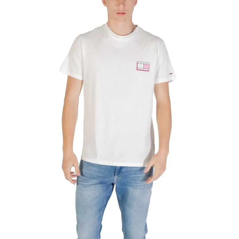 Tommy Hilfiger white t shirt with pink and white logo patch on chest featured in black t shirt product title