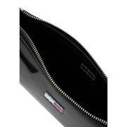 Tommy Hilfiger black women’s glossy patent leather clutch with silver zipper and logo plaque, zippered pocket bag
