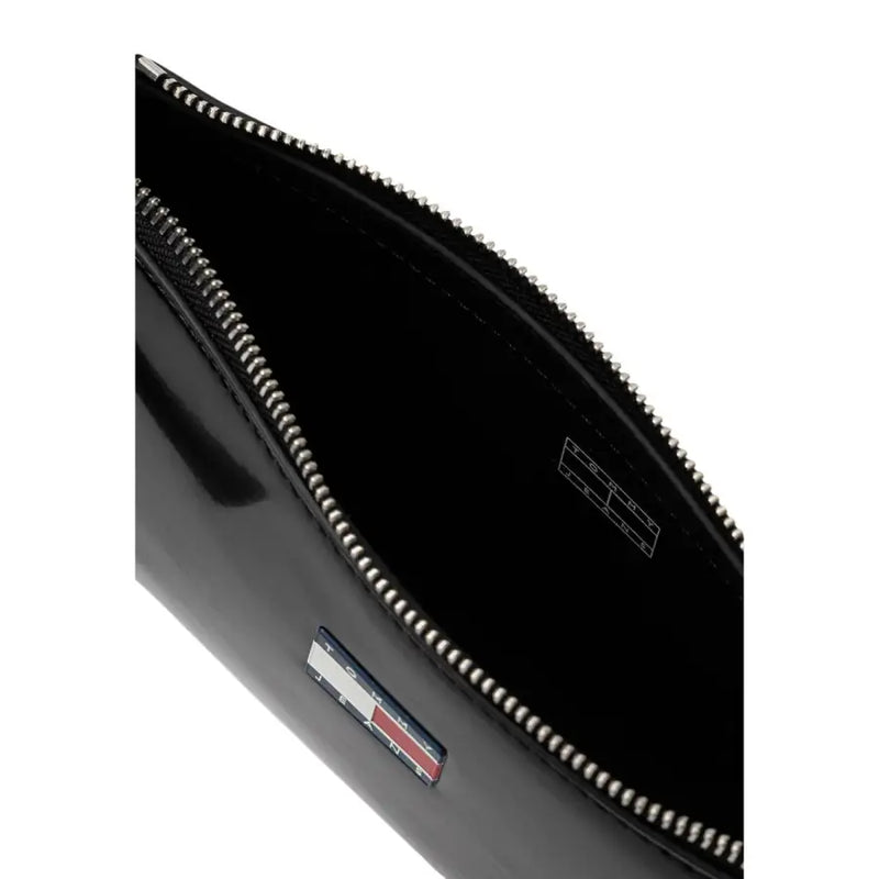 Tommy Hilfiger black women’s glossy patent leather clutch with silver zipper and logo plaque, zippered pocket bag