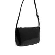 Tommy Hilfiger black glossy patent leather crossbody bag with silver zipper and adjustable strap for women
