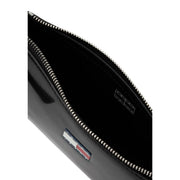Tommy Hilfiger black women’s glossy patent leather clutch with silver zipper and logo plaque, zippered pocket bag
