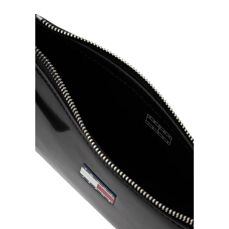 Tommy Hilfiger black women’s glossy patent leather clutch with silver zipper and logo plaque, zippered pocket bag