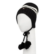 Tommy Hilfiger black wool blend women’s cap with white stripes red star emblem and braided ties with pom-poms