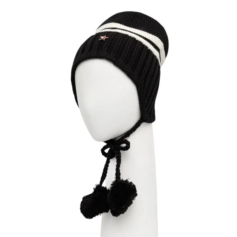 Tommy Hilfiger black wool blend women’s cap with white stripes red star emblem and braided ties with pom-poms