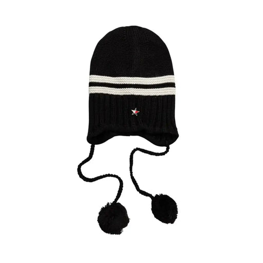 Tommy Hilfiger black wool blend women’s cap with white stripes knitted beanie and pom-poms for cold weather