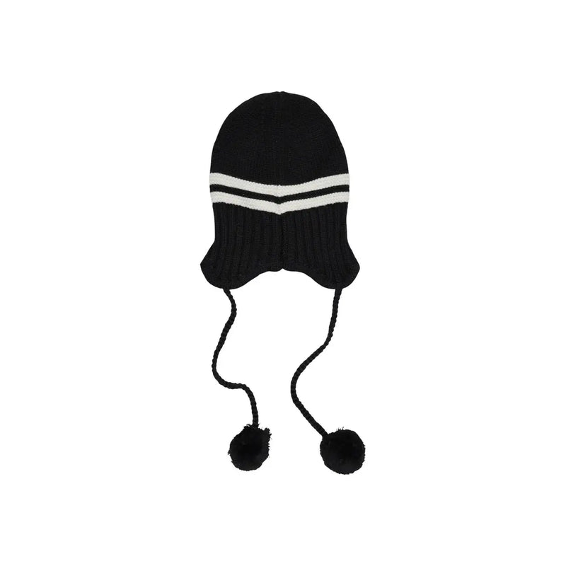 Tommy Hilfiger black wool blend women’s beanie with two white stripes and pom-pom tipped ear flaps
