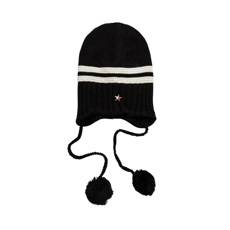 Tommy Hilfiger black wool blend women’s cap with white stripes knitted beanie and pom-poms for cold weather
