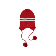 Tommy Hilfiger red knitted beanie with white stripes and pom-poms