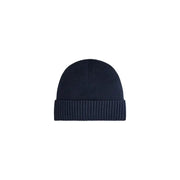 Navy blue ribbed knit beanie hat with a folded cuff.