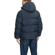 Navy blue quilted nylon Tommy Hilfiger hooded puffer jacket for men with a warm insulated design