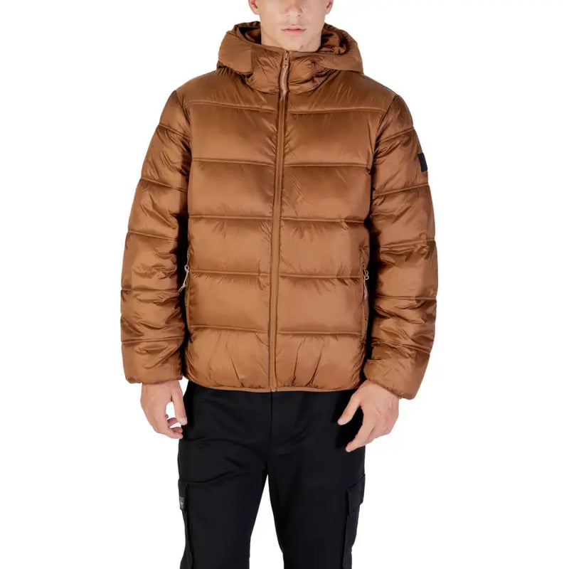 Brown puffer jacket with hood and quilted design, likely from a popular outdoor brand.