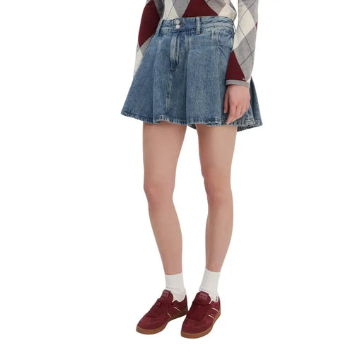 Tommy Hilfiger blue organic cotton mid-waisted flared denim skirt with button closure and visible stitching for women