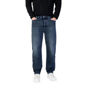 Dark blue denim jeans with a relaxed fit and white stitching, likely from levi’s 501 model.
