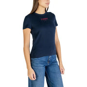 Navy blue tommy hilfiger organic cotton round neck t-shirt for women with pink embroidered logo on the front
