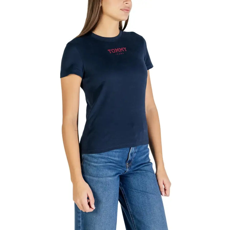 Navy blue tommy hilfiger organic cotton round neck t-shirt for women with pink embroidered logo on the front
