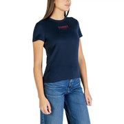 Navy blue tommy hilfiger organic cotton round neck t-shirt for women with pink embroidered logo on the front