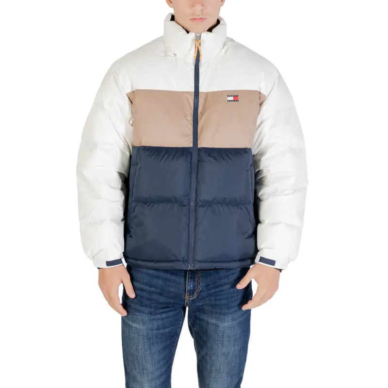 Tommy Hilfiger men’s polyester puffer jacket with white beige and navy blue color blocks and turtleneck collar