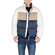 Tommy Hilfiger men’s polyester puffer jacket with white beige and navy blue color blocks and turtleneck design