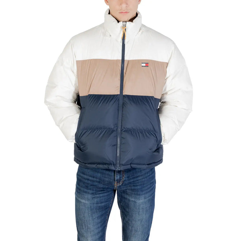 Tommy Hilfiger men’s puffer zip jacket with turtleneck in white beige and navy blue polyester color blocks