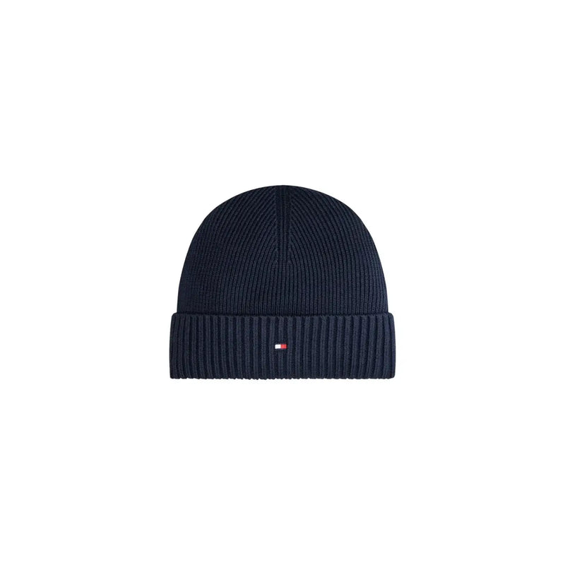 Tommy Hilfiger Kaschmirmütze für Herren in marineblauem Rippstrick mit kleinem Logo auf dem umgeschlagenen Schirm, Vorderansicht