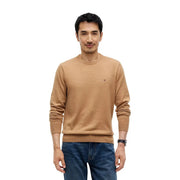 Tommy Hilfiger Kaschmirpullover für Herren in Hellbraun mit gerippten Bündchen und Saum, Vorderansicht