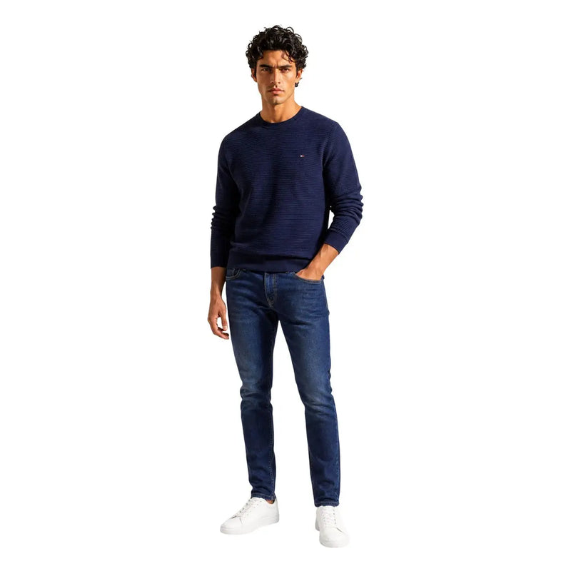 Tommy Hilfiger Pull en cachemire pour homme, bleu marine côtelé, avec petit logo brodé, vue de face
