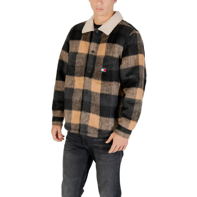 Men’s black and tan plaid button-up shirt jacket with cream sherpa collar for Tommy Hilfiger Blazer