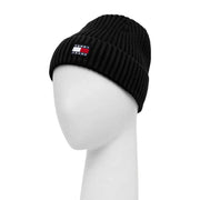 Tommy Hilfiger cotton cap for men in black with ribbed knit texture and tommy jeans logo patch front view
