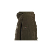 Olive green quilted hooded jacket with tommy hilfiger patch on sleeve for men fall winter wear