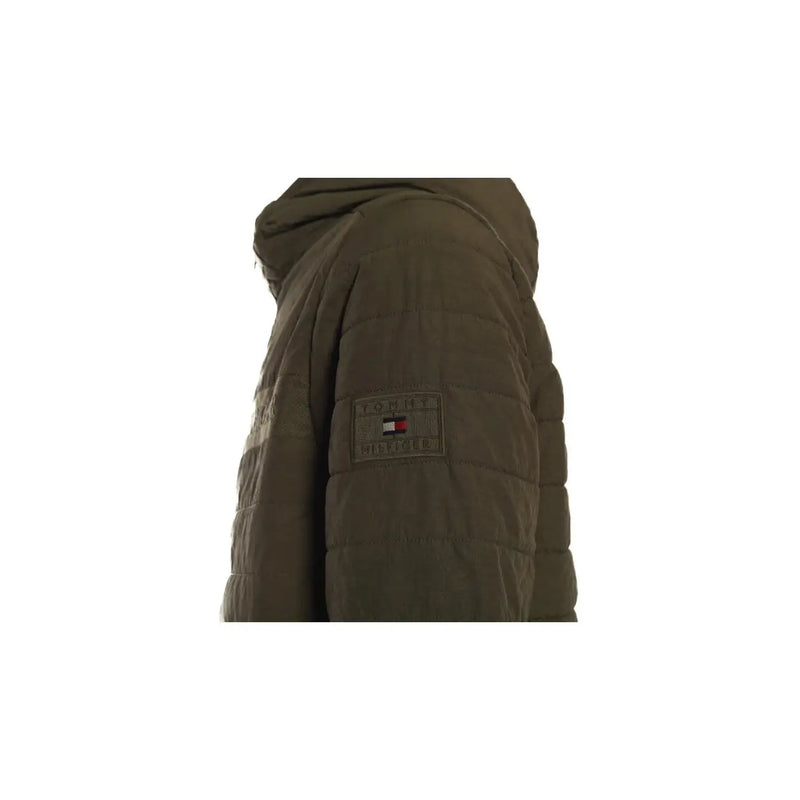 Olive green quilted hooded jacket with tommy hilfiger patch on sleeve for men fall winter wear