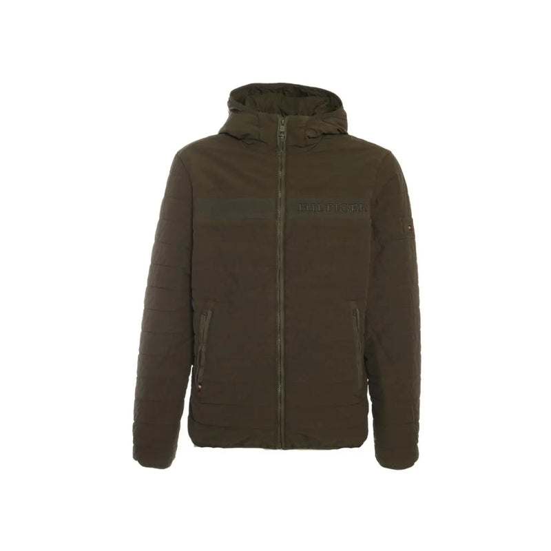 Tommy Hilfiger Denim men green dark olive green quilted hooded jacket with full-length zipper and subtle chest logo