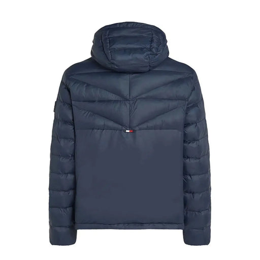 Tommy Hilfiger Herren-Denimjacke mit Kapuze aus dunkelblauem Polyamid mit Steppdesign und Daunenjacken-Stil