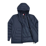 Dark navy blue tommy hilfiger denim men hooded jacket with quilted polyamide design and branding on collar