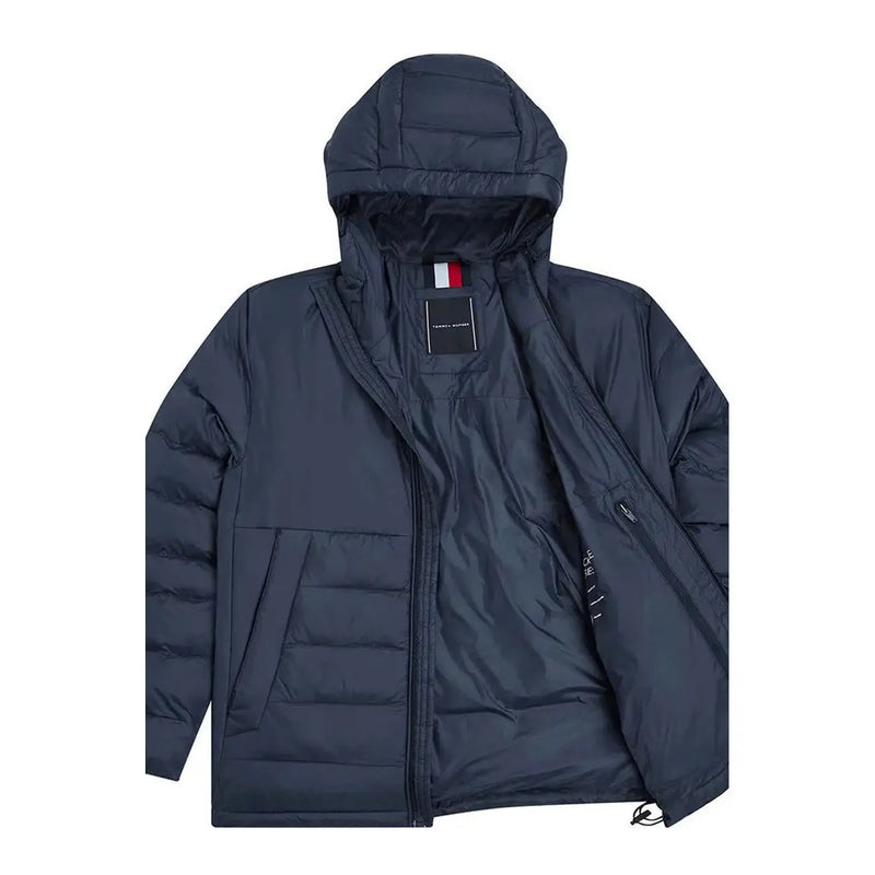 Dark navy blue tommy hilfiger denim men hooded jacket with quilted polyamide design and branding on collar