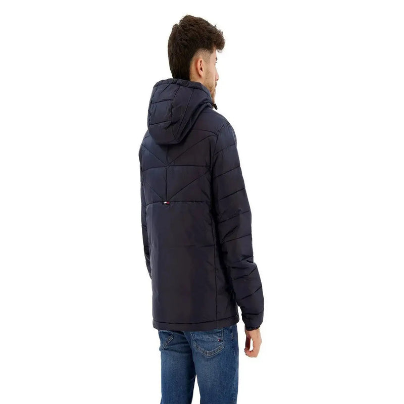 Dark navy tommy hilfiger denim men hooded jacket with quilted polyamide panels and a hood