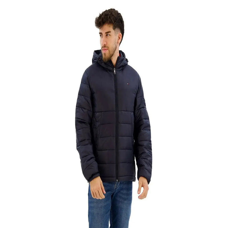 Navy blue quilted polyamide hooded jacket for men with a small red white and blue Tommy Hilfiger logo on left chest