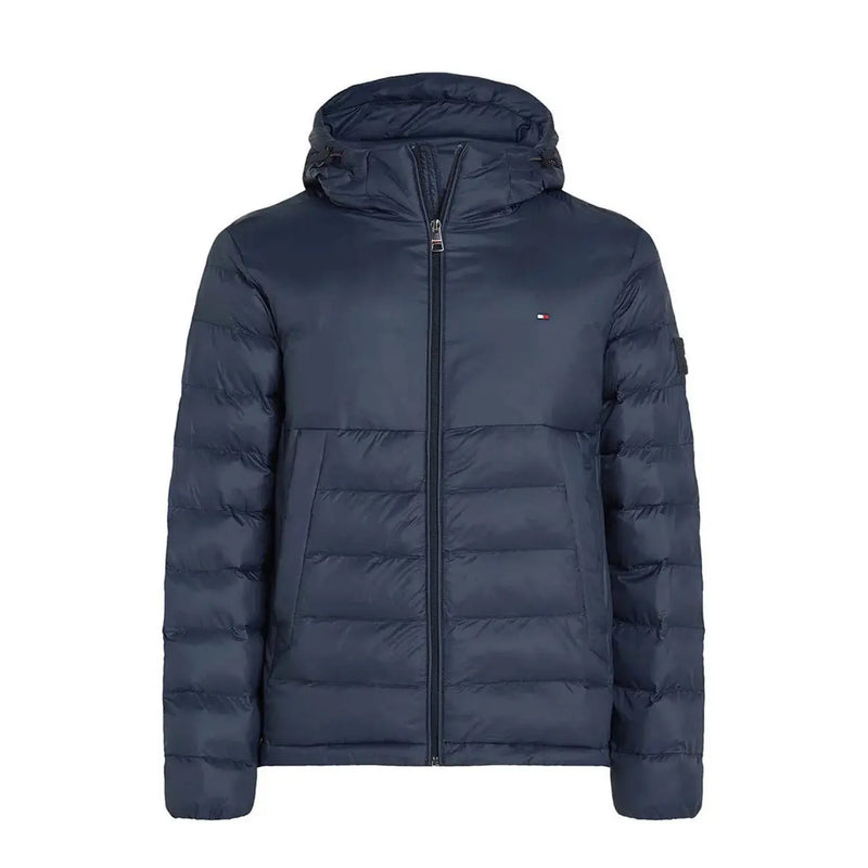 Tommy Hilfiger Denim men hooded jacket in dark navy blue polyamide with quilted design and logo on the left chest