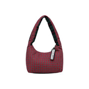 Tommy hilfiger green checked zip handbag featuring red plaid fabric shoulder bag with black and white striped trim