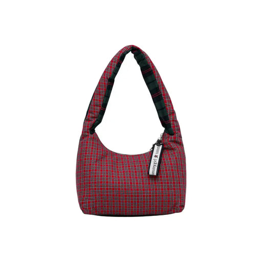 Tommy hilfiger green checked zip handbag featuring red plaid fabric shoulder bag with black and white striped trim
