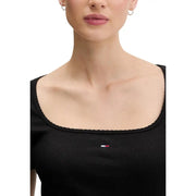 Black ribbed knit Tommy Hilfiger Jeans women t-shirt with square neckline and small logo embroidered on the chest