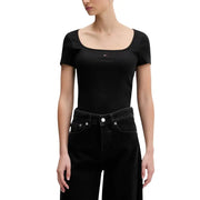 Black ribbed short sleeve women t-shirt with square neckline and small Tommy Hilfiger logo on the chest