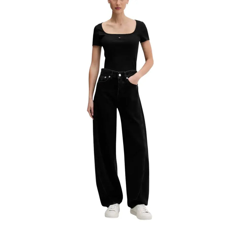 Black high-waisted wide-leg denim jeans with a straight hem and classic five-pocket design from Tommy Hilfiger